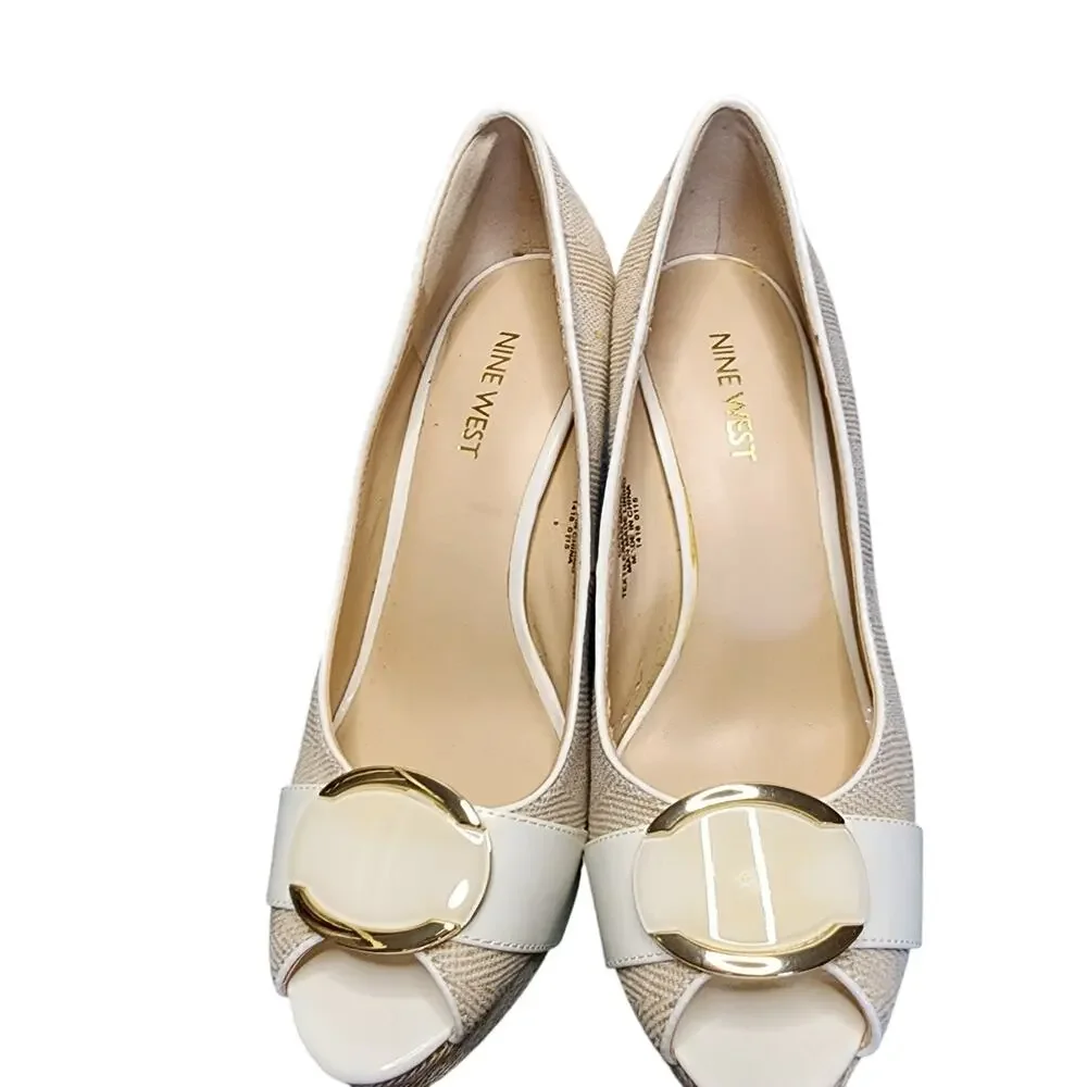Nine West Women Shoes, Beige & Cream Fabric Print Peep Toe High Heel Pumps, 7.5M
